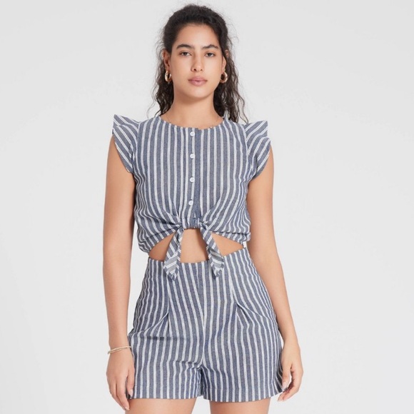 Universal Thread Pants - Women's Cap Sleeve Tie-Front Romper - Universal Thread Dark Navy/White Striped S